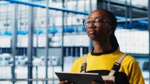 mulher em centro de distribuição beneficiada pelo PBM da funcional